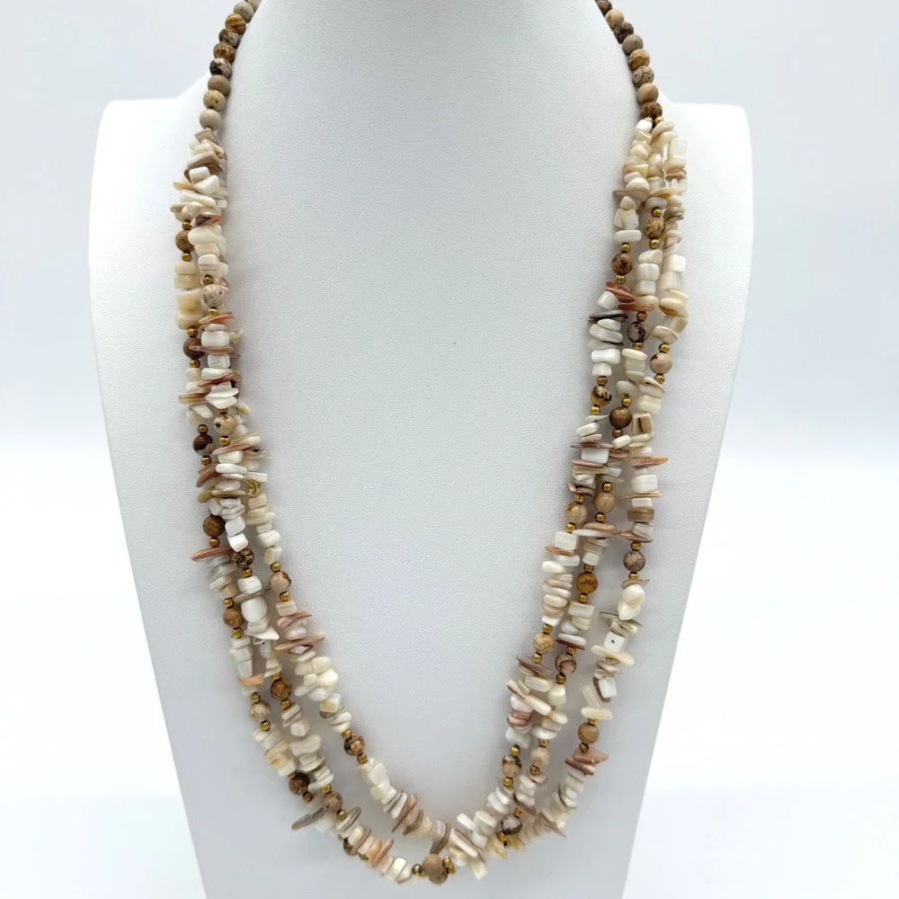 Vintage Multi Strand Shell Chip Necklace Natural Stone Beaded Beach Boho
